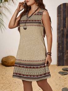 EMERY ROSE Robe ronde sans manches à imprimé plume et géométrique, style minimaliste décontracté pour femmes grandes tailles. Convient pour les vacances d'été