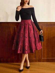 Vintamour 复古经典优雅女士半身裙，修身提花酒红色半身裙，带口袋，秋冬红色半身裙，女士图案半身裙，玫瑰印花中长半身裙，春季女士半身裙 - 酒紅色 - 查看 5