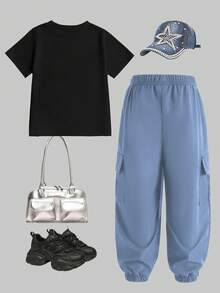 SHEIN ChillGRL 2件套少女休闲时尚春夏短袖T恤和工装裤套装，蝴蝶结设计，舒适圆领T恤搭配打底裤，适合户外、休闲、街头、学校、派对等场合，亦可作为礼物。 - 彩色 - 查看 2