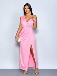 SOLERSUN 女士优雅浅粉色不对称领口褶皱开衩大腿晚礼服紧身连衣裙，适合舞会、鸡尾酒会、婚礼宾客和红毯活动的正式礼服 - 淺粉色 - 查看 6