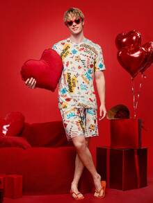 Notgurli Conjunto de pijama masculino de 2 peças com estampa divertida de grafite e letras para o Dia dos Namorados, composto por shorts de manga curta e calça. - Multicolorido - Ver 1