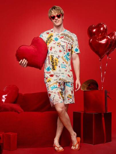Men's Valentine's Day Funny Letter Graffiti Print Short Sleeve Shorts 2 Pieces Pajama Set