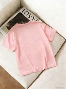 Tween Girls Casual Chic Sweet Minimalist "67" & "SIX SEVEN" Print Short Sleeve Round Neck T-Shirt, Summer Tops, Pink - Pink - View 8