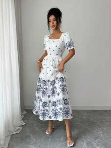 Rafferiza Women's Elegant White And Blue Floral Mid-Length Dress,Square Neckline,Gathered Back Yoke,Elastic Waist,Summer Holiday Vacation Casual Floral Dress - Multicolor - View 3