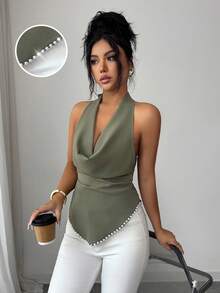 Elenzga Women's 2026 Spring/Summer New Arrival Draped Neck Ruched Backless Camisole - Army Green - View 3