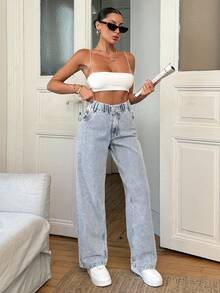 RueChic 100% Cotton Elastic Belt Detailed Straight Cut Jean - Medium Wash - View 7