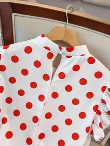 GlowEve CURVE Plus Size Women Polka Dot Cap Sleeve Bow Tie Blouse Valentine's Day - Red and White - View 5