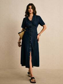 Poéselle 女士休闲日常通勤单排扣短袖收腰牛仔连衣裙，夏季 - 深色水洗藍 - 查看 5