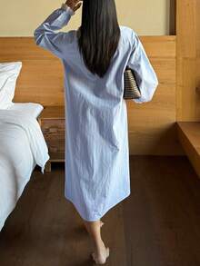 DAZY 甜美条纹图案印花撞色滚边宽松女士睡裙 - 藍色 - 查看 2