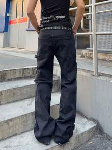 ROMWE MEN Men's Straight Leg Loose Casual Jeans With Pockets Spring/Summer - Black - View 2