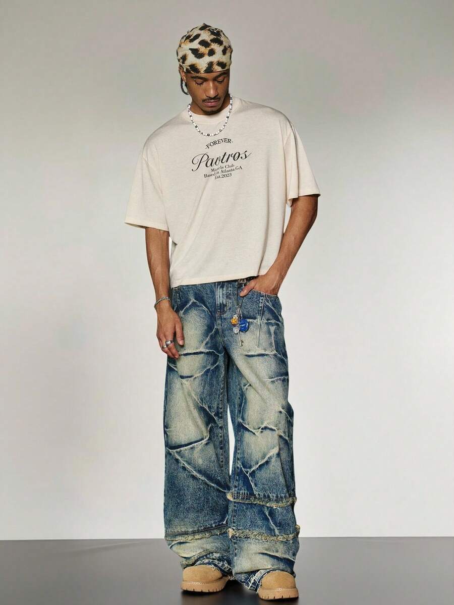 PAVTROS Men's Slant Pocket All-Over Print Casual Wide-Leg Jeans Baggy Jeans With Design Men S Ghetto Outfits With Jeans - Medium Wash - View 1