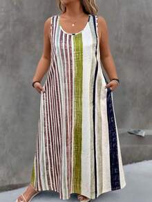 EMERY ROSE Váy hai dây kẻ sọc dáng rộng dành cho nữ cỡ lớn, thích hợp cho kỳ nghỉ. - Nhiều màu - Xem 5
