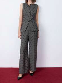 Maija 2026 Spring & Summer Outfits Women Embroidered Fabric 2pcs Suit Set Sleeveless Top & Long Pants, Minimalist & Fashionable For Casual Daily Wear,Festival,Women's Summer Set,Valentine Clothes, - Dark Grey - View 2