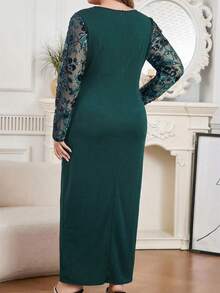 Modelyn Plus Size Elegant Party Sequin Embroidery Patchwork Wrap Dress - Dark Green - View 2