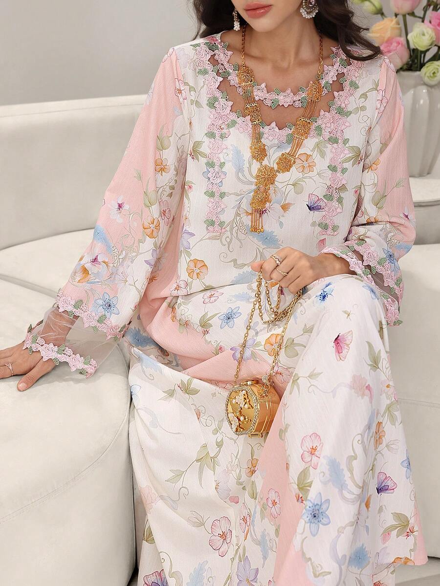 Yasmyna 印花宽松长款上衣，双层蕾丝和网纱拼接