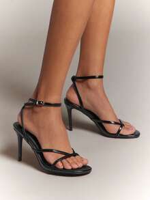 SHUZIA Women's Elegant Minimalist Patent PU Ankle Strap Stiletto Heel Sandals - Black - View 7