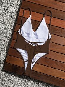 Swim Basics Women's Minimalist Solid Color Halter Backless One-Piece Swimsuit, Summer - Brown - View 2