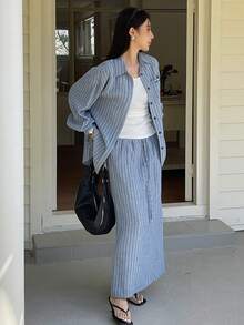 DAZY 2件套女士条纹宽松长袖翻领衬衫和直筒长裙休闲度假套装，春夏款 - 藍色 - 查看 4