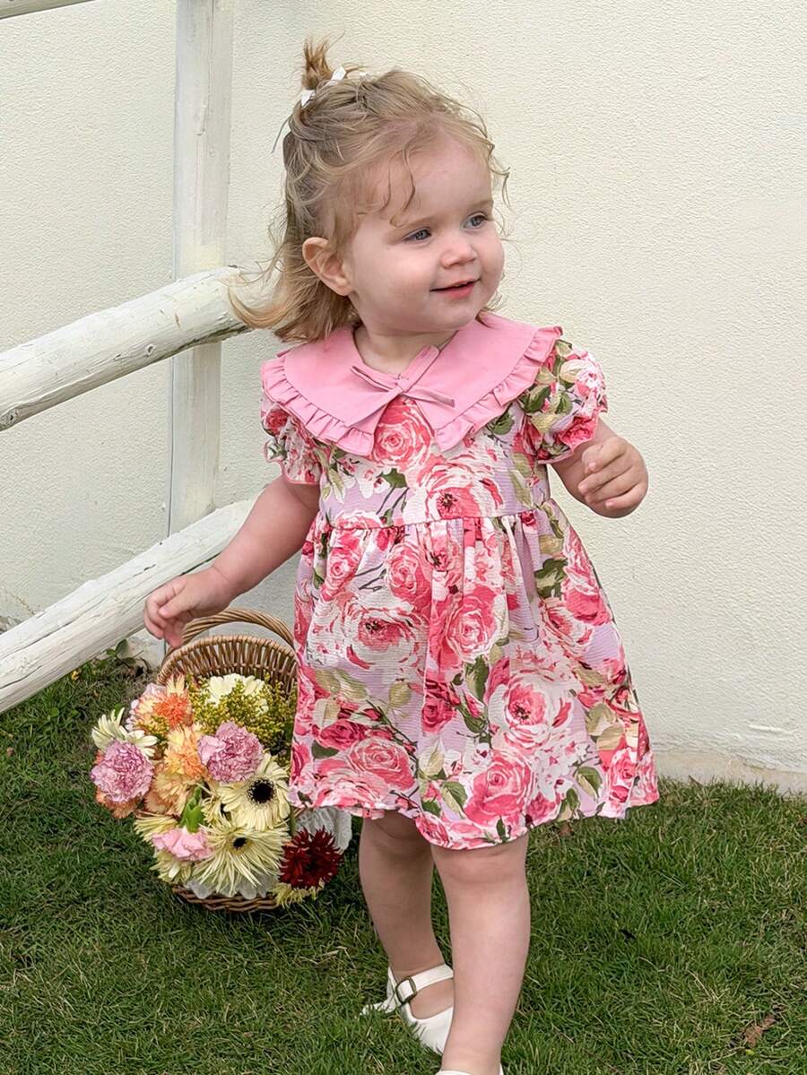 SHEIN LMoss Kids 女婴法式优雅撞色碎花泡泡袖连衣裙 - 彩色 - 查看 1
