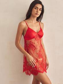 Charlaine 女士蕾丝拼接透明吊带性感睡衣睡裙 - 紅色 - 查看 3