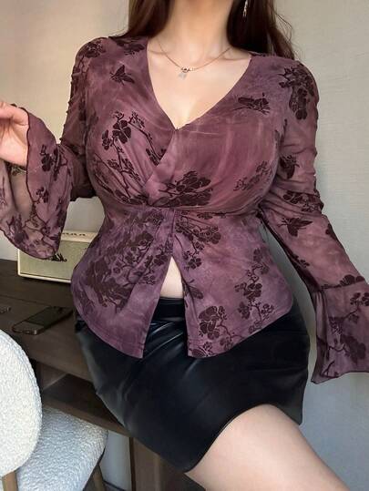 Dazy Plus Plus Size Women's Fashionable Elegant V-Neck Twist Front Long Sleeve T-Shirt