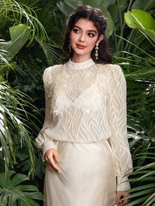 Modelyn Women's Elegant Silk Crinkle Long Sleeve Floral Blouse, Spring/Summer - Apricot - View 6