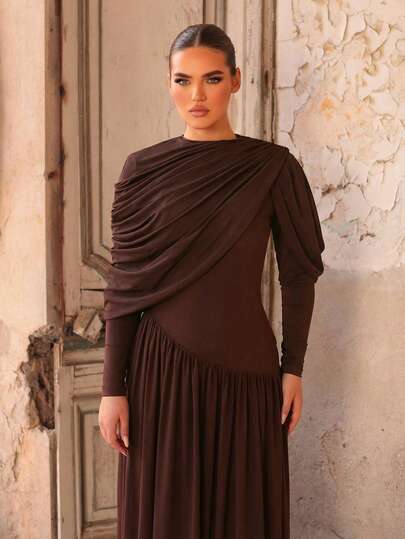 Aureia Elegant, Romantic, And Stylish, Dark Brown Stretch Knit Shawl, Pleated Design, Round Neck, Long Sleeves, Fishtail Hem, Short Train. Suitable For Wedding Guests, Holidays, Vacations, Birthday Parties, Wedding Events, And Bridesmaid Dresses.,Wedding Party Dress