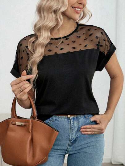 Louniche Camiseta de mujer de manga corta con hombros caídos, diseño de parche de malla de moda, parte superior holgada y versátil de cuello redondo, adecuada para el transporte diario, primavera/verano, festival de música y fiesta