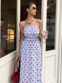 Elyressa 女士无肩带条纹心形印花优雅收腰派对连衣裙 - 彩色 - 查看 6