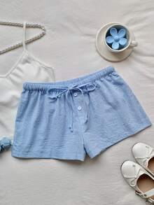 Comfortcana 女士蓝色纯色休闲直筒短裤，带抽绳，梭织面料，打造轻松休闲造型 - 藍色 - 查看 5