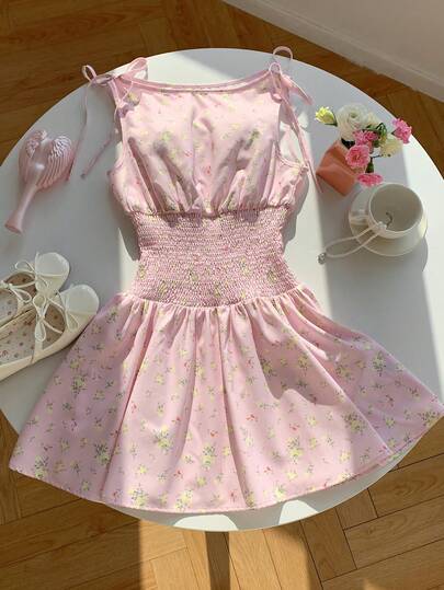 Comfortcana 2026 New Arrival Spring/Summer Fashionable Women's Summer Vacation Floral Print Waist Tie Mini Dress Summer Outfits For Women Summer Dress Spring Dress Valentine's Day Party Dress Beach Outfit Wedding Guest Dress For Women Elegant Dresses For Women  Vacation Outfits Women  Casual Dresses For Women  2000s Style Floral Dress Pink Dress