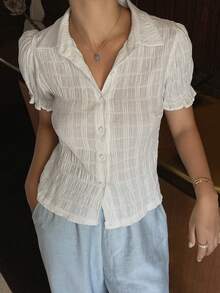 DAZY 女士白色棉质纹理花瓣袖翻领衬衫，春季款 - 白色 - 查看 4