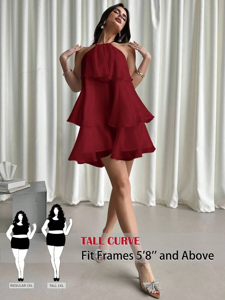 SHEIN Tall CURVE Plus Size Women Solid Color Multi-Layer Ruffle Neck Dress Curve Dresses Ruffle Dress For Women - Red - View 1