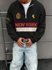 Manfinity Campus Court 男士半拉链套头卫衣，饰有纽约字母和数字图案，撞色设计，休闲宽松版型，复古美式风格 - 彩色 - 查看 6