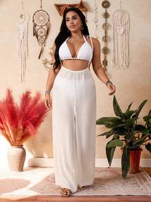 Swim Vcay Bộ đồ bơi dài tay hai dây màu trơn thanh lịch dành cho nữ cỡ lớn, kiểu dáng nghỉ dưỡng, bộ sưu tập xuân/hè mới. - trắng - Xem 3