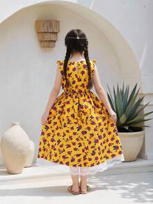 Young Girls Yellow Floral Dress With Blue Butterfly,Summer 7th Birthday Outfit,White Lace Patchwork Sleeveless Ruffle Hem Vintage Tea Party Sundress - Yellow - View 2