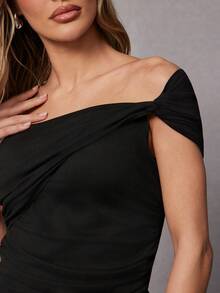 Hauture Top asimétrico corto plisado de unicolor para mujer - Negro - Ver 5