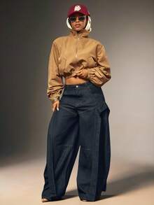 Denimoi 阔腿桶形牛仔裤，个性牛仔裤，时尚桶形牛仔裤 - 深色水洗藍 - 查看 2