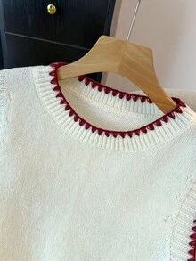 GlowEve CURVE 早春新款简约通勤百搭米色拼接酒红色手工钩边圆领宽松女式针织背心 - 米色 - 查看 6