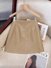 Franclia 女士时尚优雅派对百搭不对称金属扣装饰皮裙 - 杏色 - 查看 2