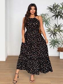 Vionelle Đầm cổ yếm họa tiết hoa nhí dáng rộng dành cho nữ cỡ lớn - Nhiều màu - Xem 1