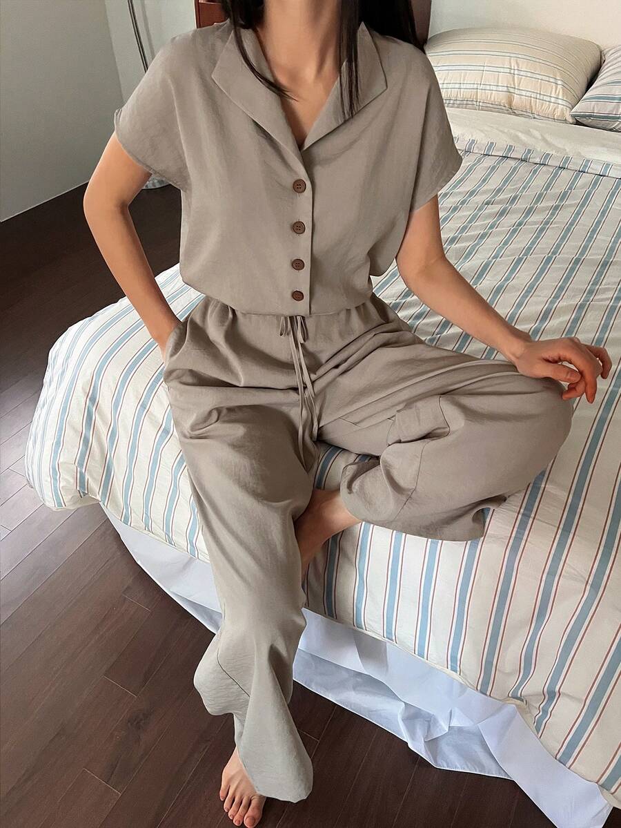 DAZY 女士极简半拉链收腰连体裤家居服 - 卡其色 - 查看 1