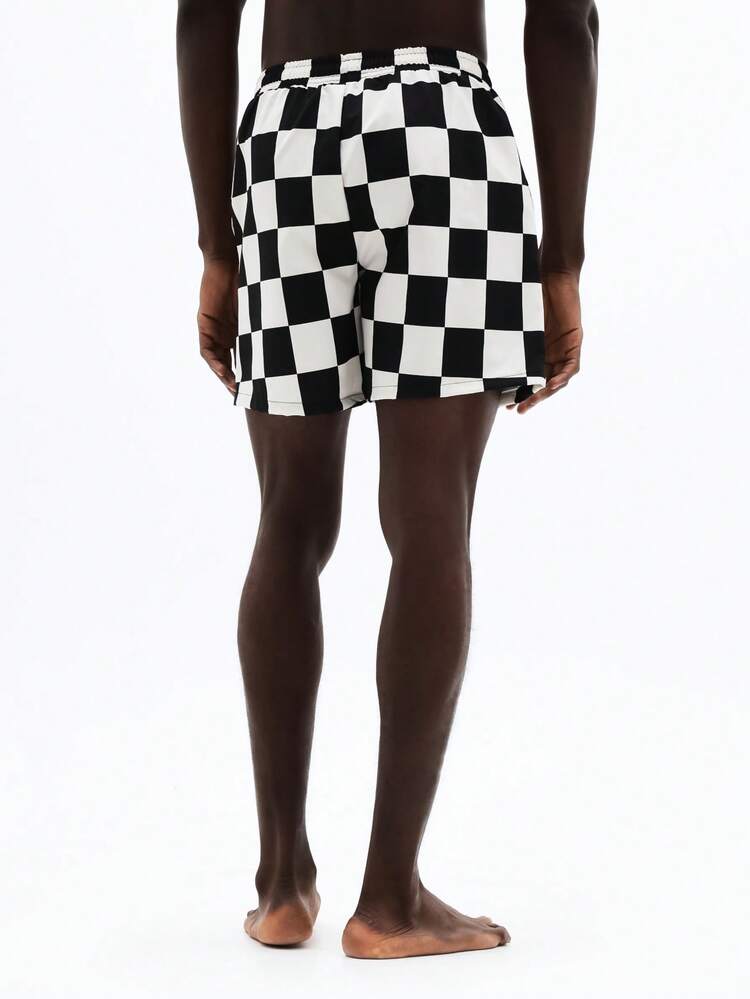Checkered Board Shorts With Elastic Waistband