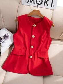 SHEIN Plus Size Women's Elegant French Style Red Sleeveless Blazer, Slim Fit Design With Gold Button Accents, Suitable For Work, Office Or Casual Occasions, Spring/Summer - Red - View 1