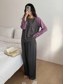 DAZY Casual Letter Graphic Contrast Raglan Sleeve Loose Women Pajama Set - Grey - View 5