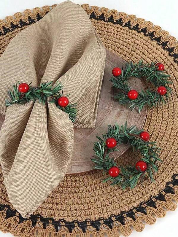 6pcs/12pcs/24pcs Piece Christmas Napkin Ring Set, Christmas Napkin Holder, Holly Berry Candle Wreath, Banquet Table Decoration, Christmas