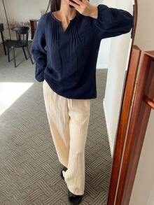 DAZY Wabi-Sabi Style Pleated Texture Fabric Lantern Sleeve Loose Women's Pajama Set - Navy Blue - View 6