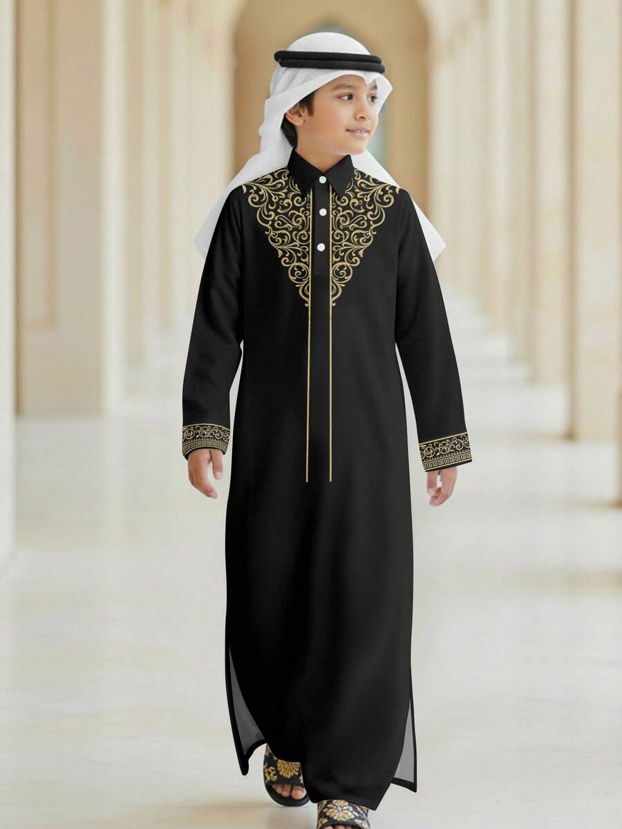 男童长衬衫，经典阿拉伯传统休闲长袍，复古传统图案印花 - 彩色 - 查看 1