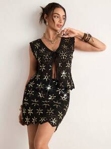 Freevana Bohemian Apricot Contrast Sequin Crochet 2-Piece Set: Sleeveless V-Neck Tie Vest + High Waist Ruffle Hem Mini Skirt, Niche Design Vacation Style Early Spring - Multicolor - View 6