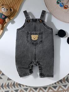 SHEIN Playful Pals Newborn Casual Washed Bear Graphic Denim Romper